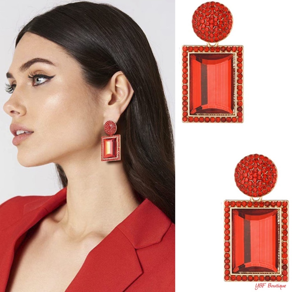 New Red & Gold Rhinestone Post Statement Fashion Earrings